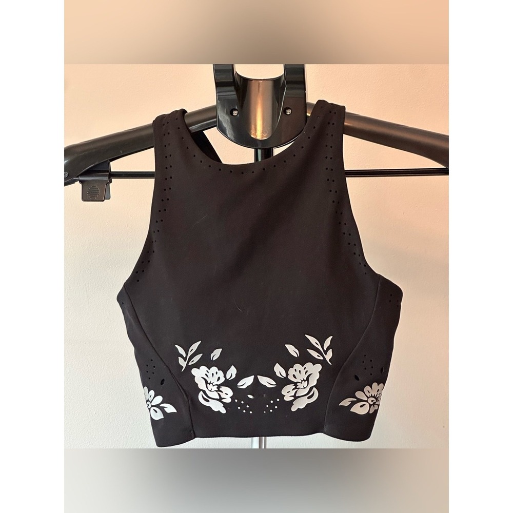 Athleta Conscious Eyelet Crop Womens‎ XXS Black Silver Floral Foil Yoga SoftAlt